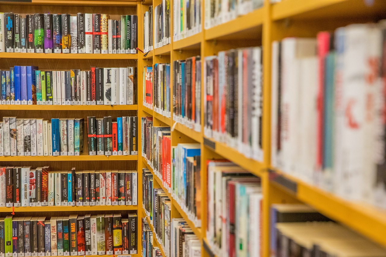 A corner of bookshelves filled with paperback books